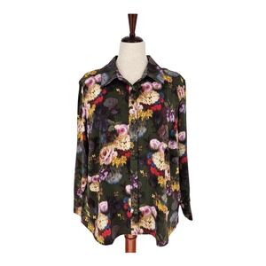 Nicole Miller Satin‎ Olive Watercolor Floral Blouse Womens 2X Office Capsule